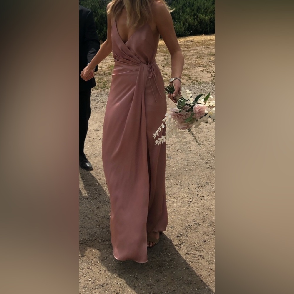 Fame and Partners Dusty Rose Wrap Gown with Plunge Neckline and front slit